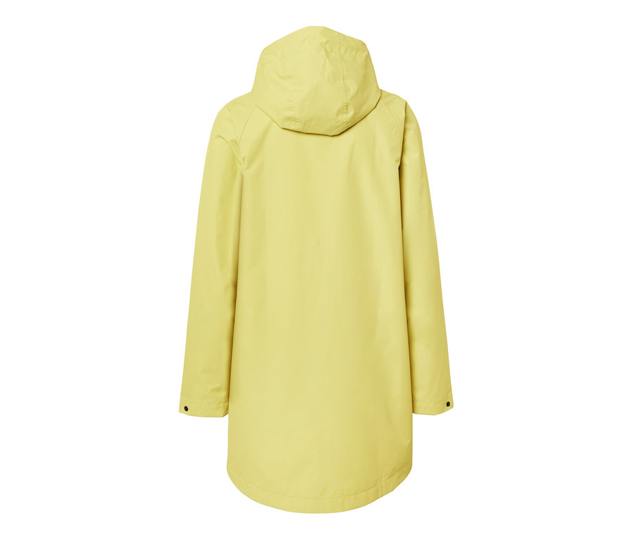 Zadní pohled na žlutou bundu do deště s kapucí.