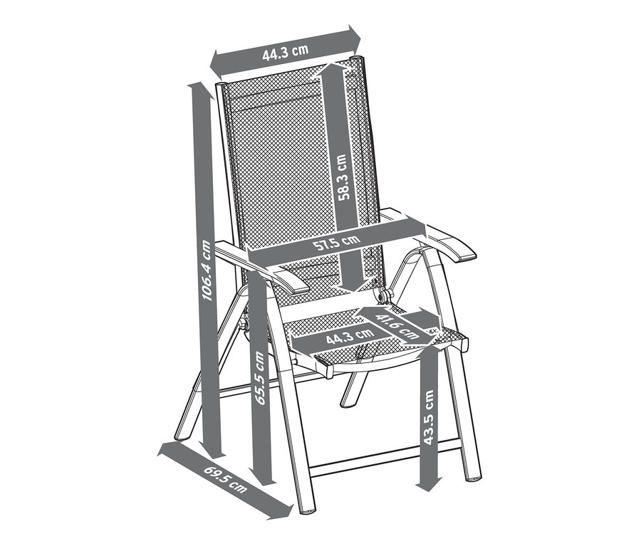 Rozměry židle s vysokým opěradlem "Liska" s nastavitelnou opěrkou zad jsou zobrazeny pomocí šipek.