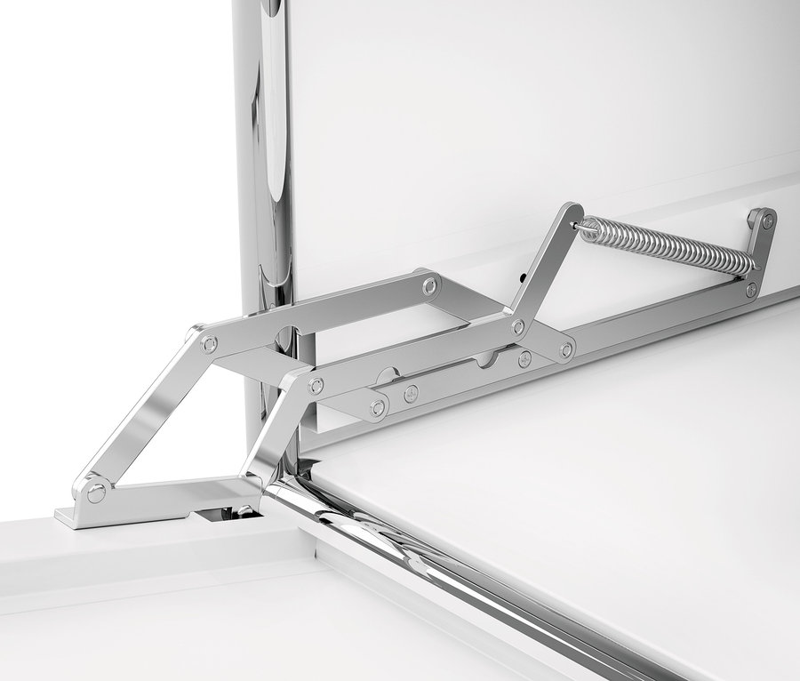 Detail kovového mechanismu bílého regálu CN3 s výklopnými dvířky.