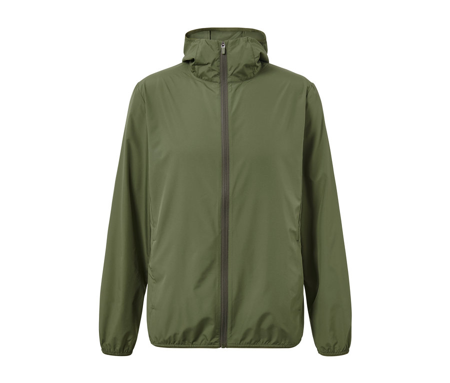 Zelená lehká funkční bunda se zipem uprostřed.