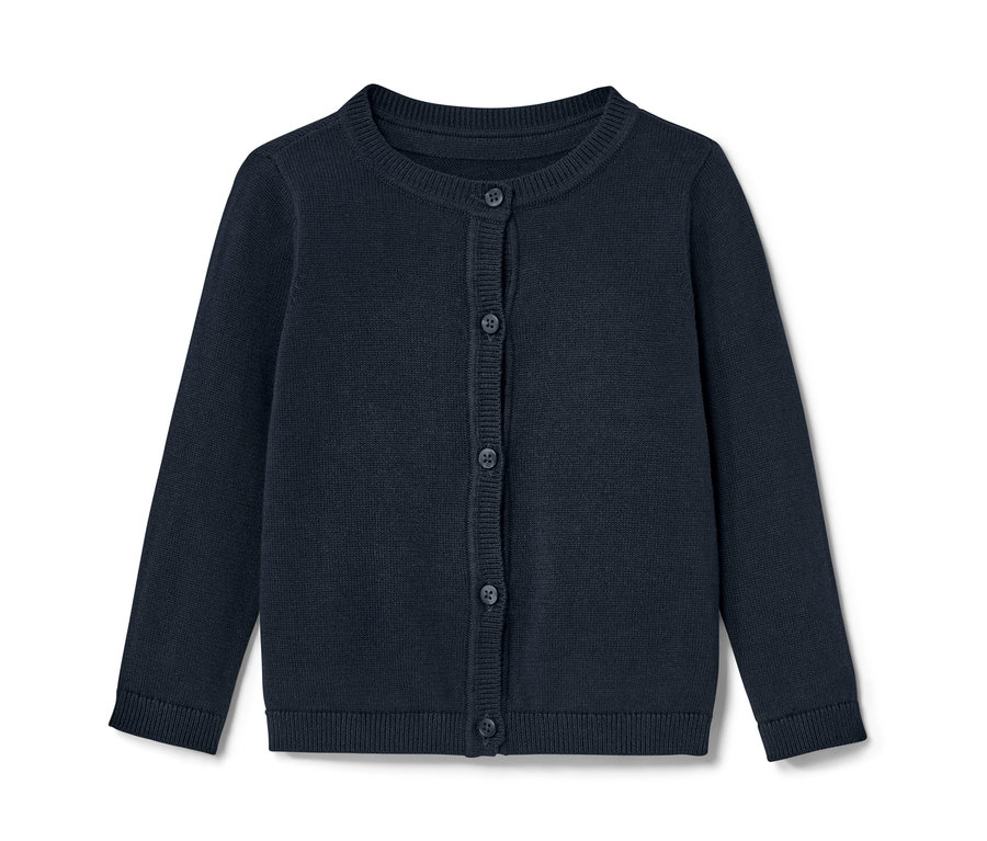 Modrý dětský pletený svetr s knoflíky.