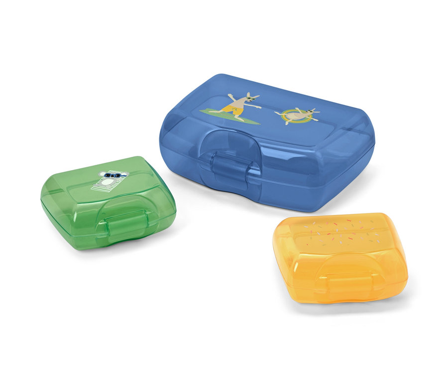 Sada tří dóz na svačinu v modré, zelené a žluté barvě.