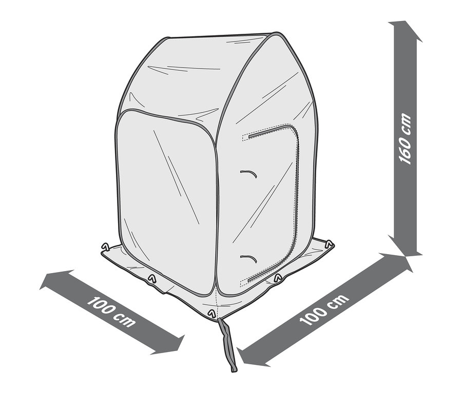 Ilustrace stanu s rozměry 100 cm x 100 cm x 160 cm.