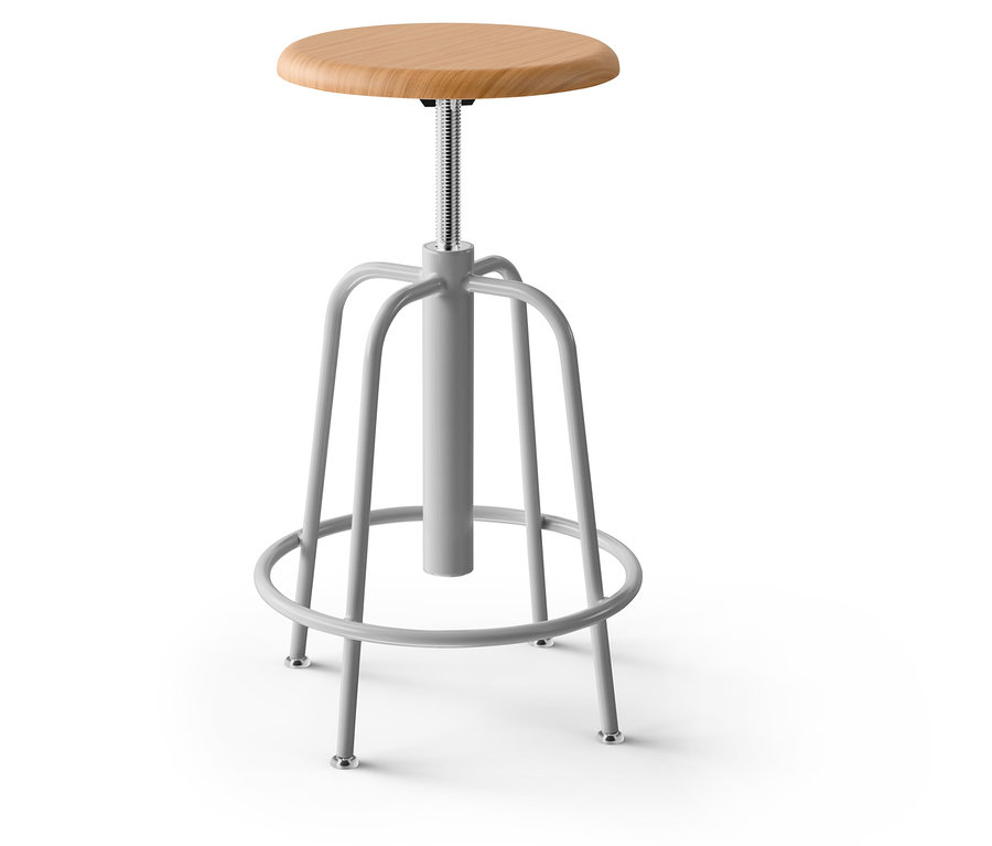 Šedá barová stolička s dřevěným sedákem.