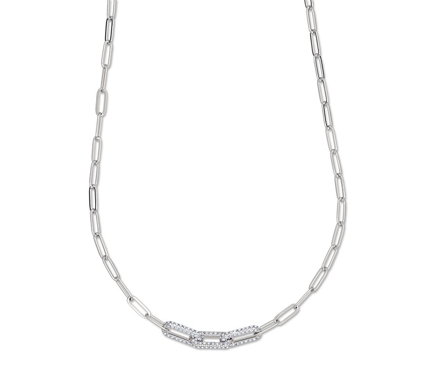 Stříbrný řetízkový náhrdelník s ozdobným článkem uprostřed.