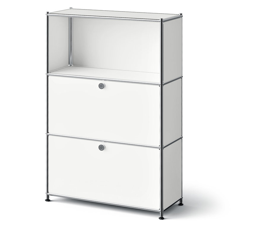 Bílá skříňka se dvěma zásuvkami a otevřenou horní policí.