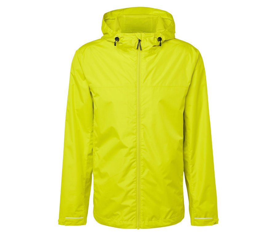 Žlutá bunda s kapucí a zipem.