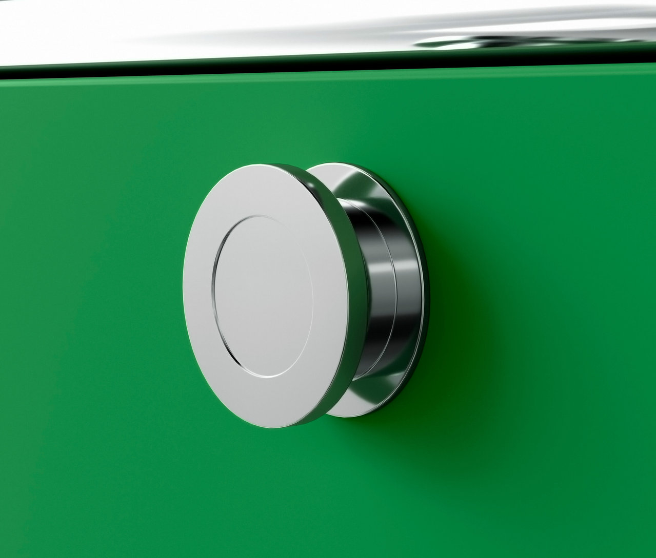 Detailní záběr na zelený kovový kontejner na kolečkách »CN3« se 3 zásuvkami a stříbrnou kruhovou úchytkou.