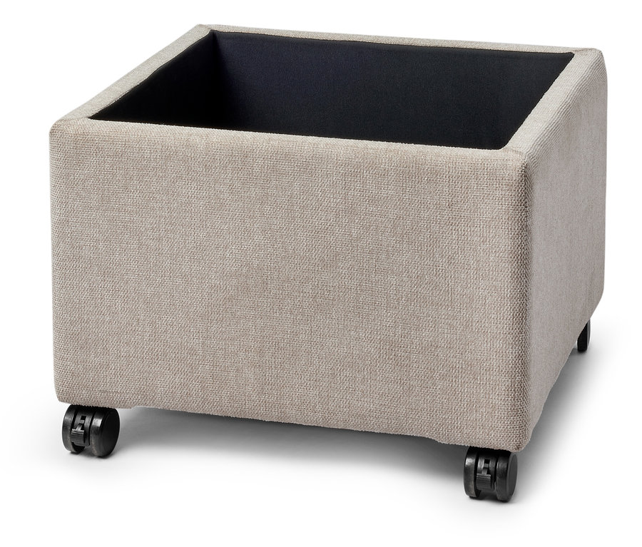 Béžový látkový úložný box na čtyřech kolečkách.