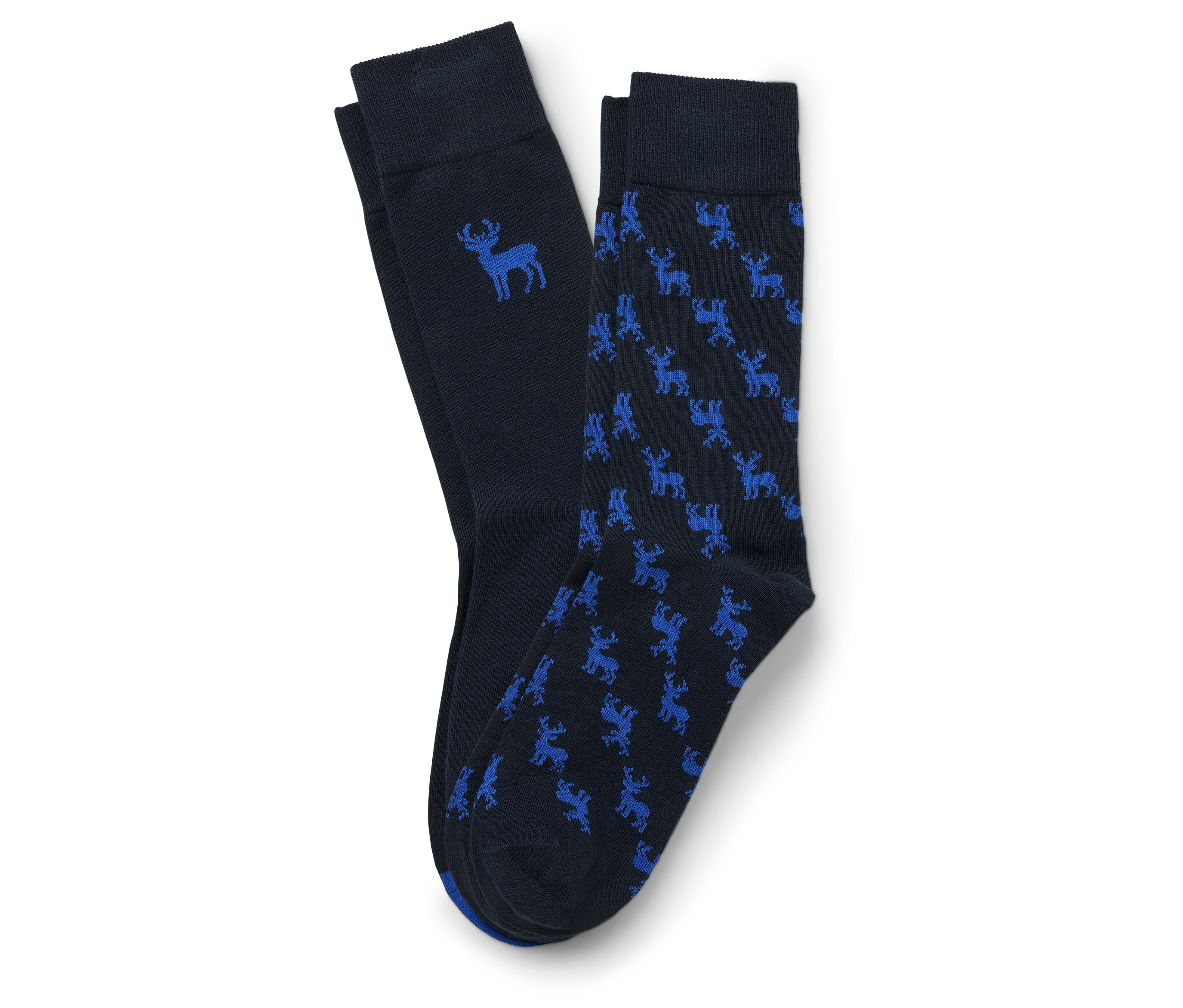 Dva páry ponožek, jedny tmavě modré se světle modrým losem, druhé tmavě modré se světle modrými losy.