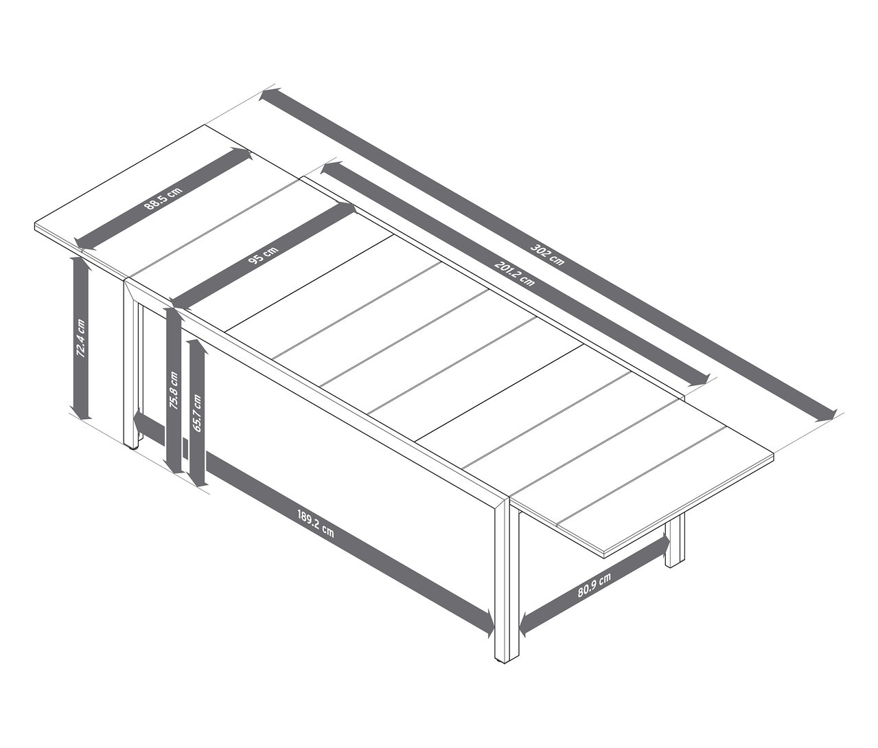 Schéma rozkládacího zahradního stolu se stolní deskou Duraboard, cca 200–300 cm, s rozměry.