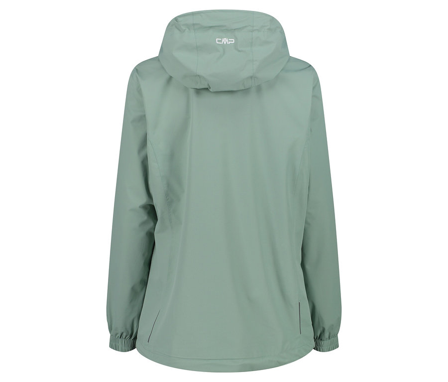 Pohled zezadu na světle zelenou bundu CMP s kapucí.