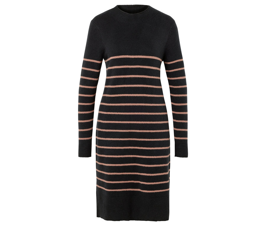 Pruhované pletené šaty v černé barvě s růžovými vodorovnými pruhy.