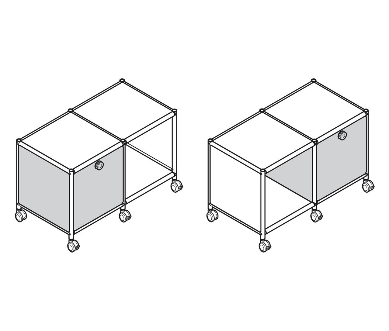 Dva kovové odkládací stolky »CN3« s 1 výklopnými dvířky a kolečky, jeden bílý a jeden šedý.
