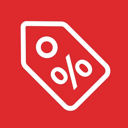 Bílý symbol slevy s procentem na červeném pozadí.