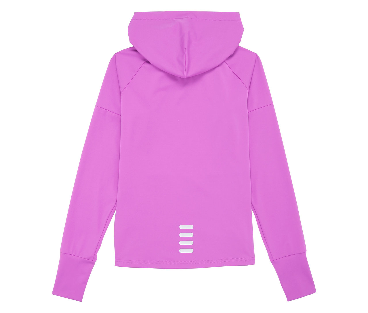 Pohled zezadu na fialovou funkční bundu FILA pro ženy s kapucí a dlouhými rukávy.