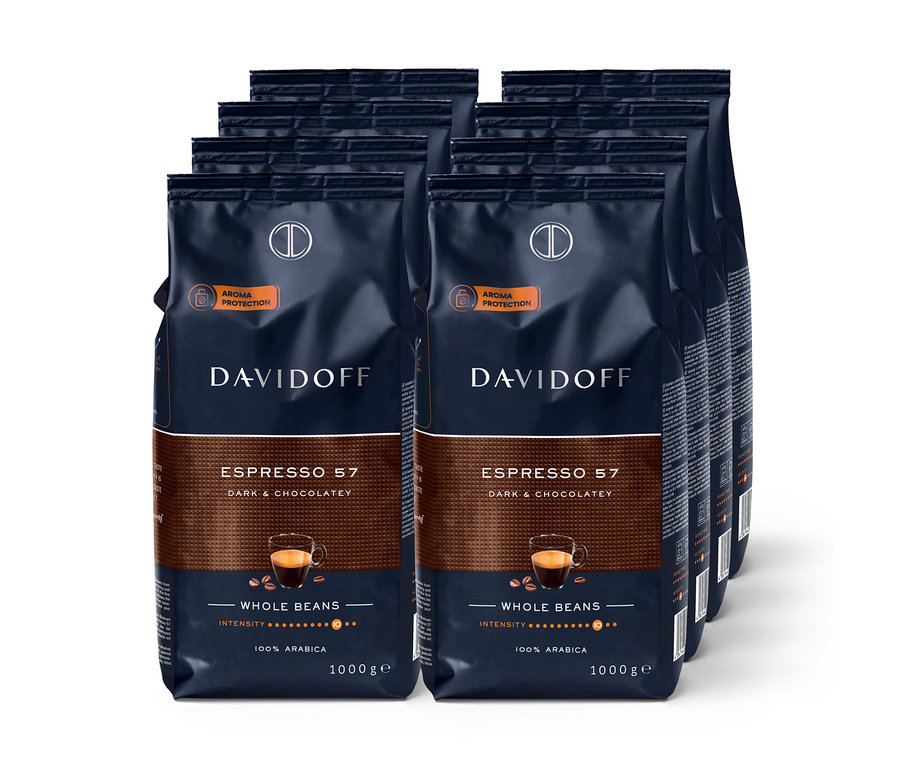 Balení kávových zrn Davidoff Espresso 57, balení po několika kusech.