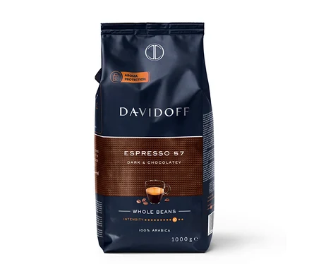 Tmavomodré 1 kg balení DAVIDOFF CAFÉ Espresso 57 zrnkové kávy, s grafikou šálku espressa a kávových zrn.