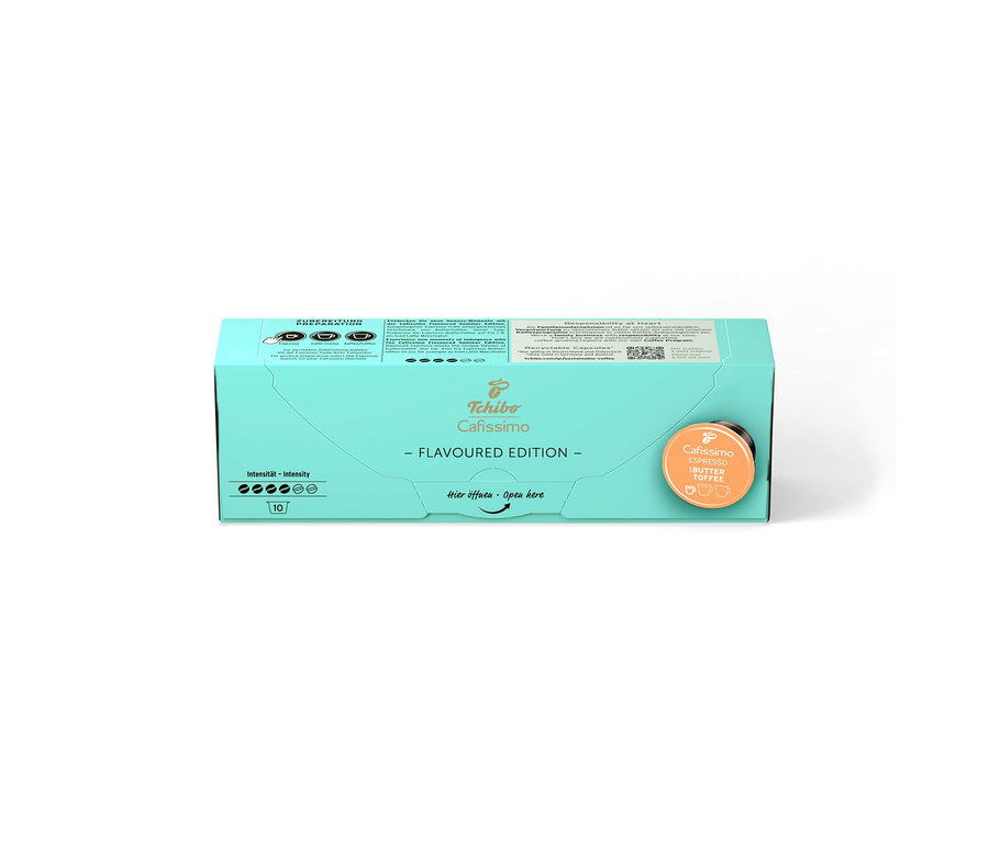 Balení Cafissimo Flavoured Espresso - Buttertoffee s 10 kapslemi a jedna kapsle.