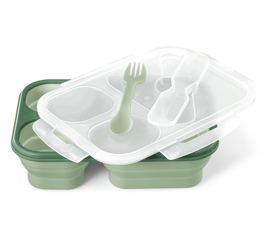 Zelená skládací dóza na oběd s průhledným víkem a zelenou vidličkou.