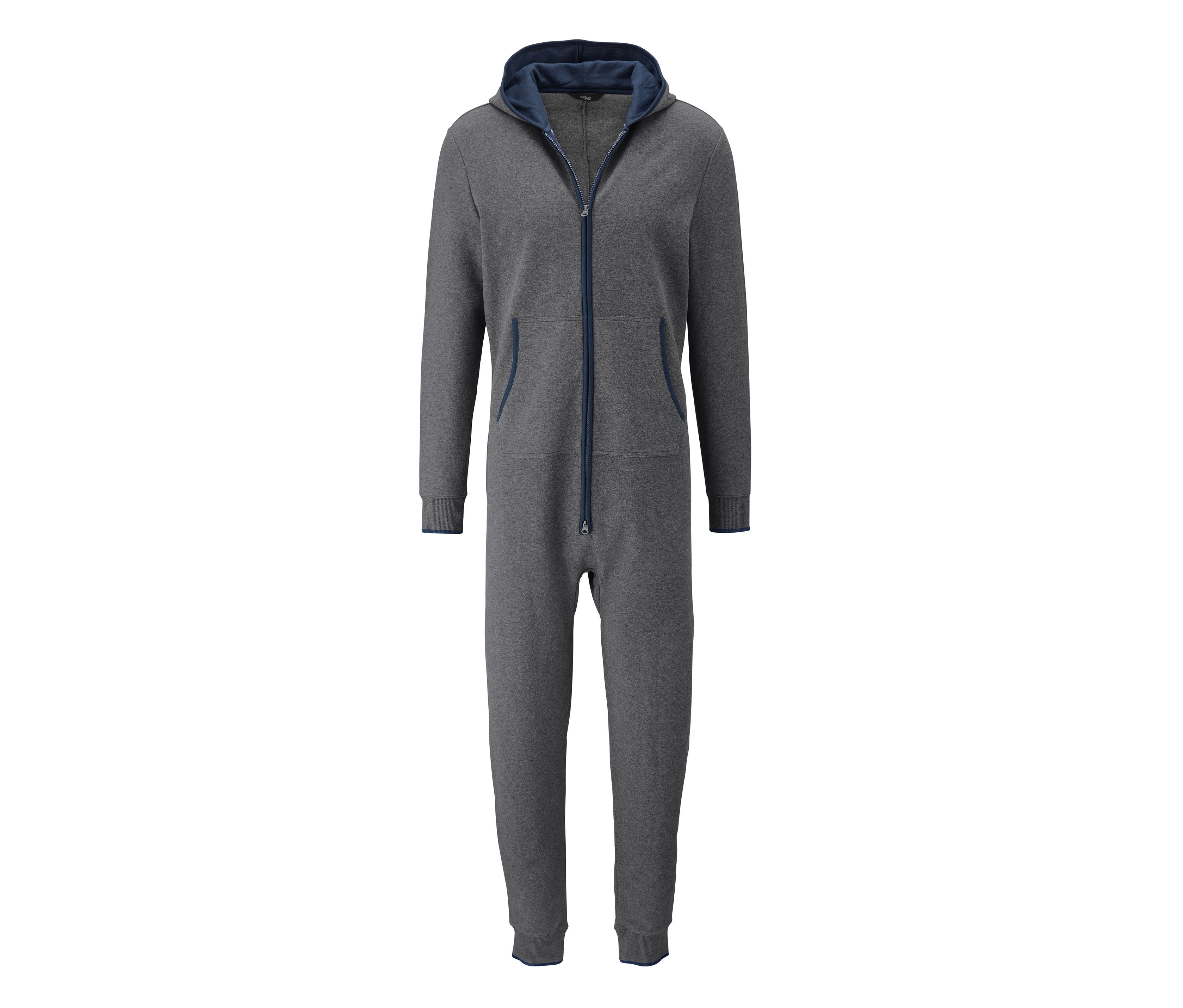 Šedý overal Pohodlný overal s kapucí a zipem.