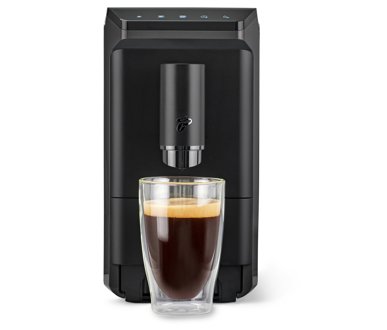 Černý kávovar »Esperto mini« s šálkem kávy.