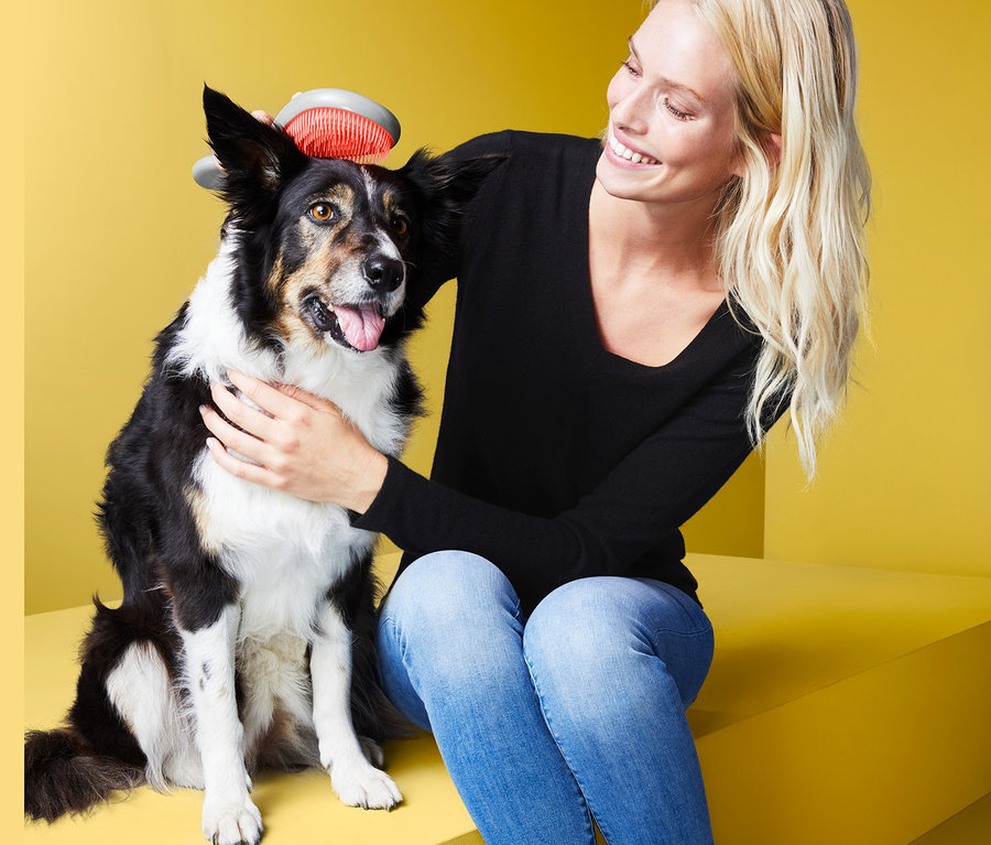 Žena kartáčuje psa kartáčem pro péči o srst.