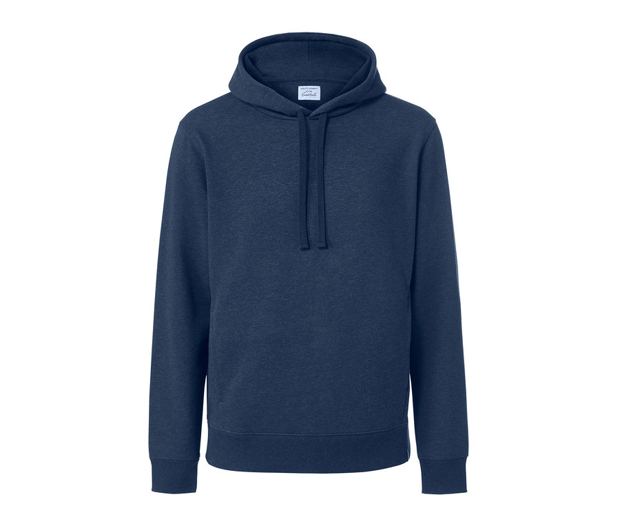 Tmavě modrá mikina s kapucí.