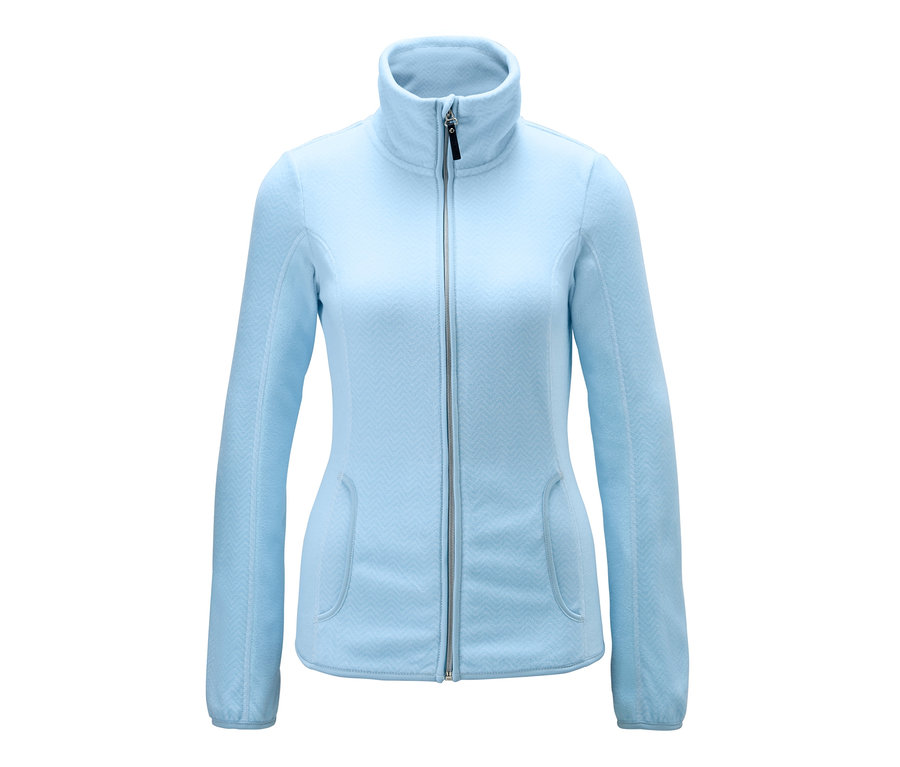 Světle modrá mikrofleecová bunda se zipem a kapsami.