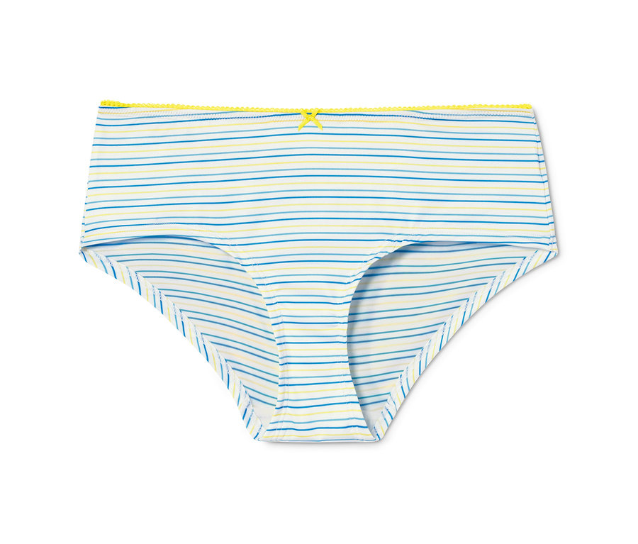 Bílé kalhotky s modrými a žlutými pruhy. V pase je žlutá mašlička. Kalhotky jsou z balení po 5 ks.