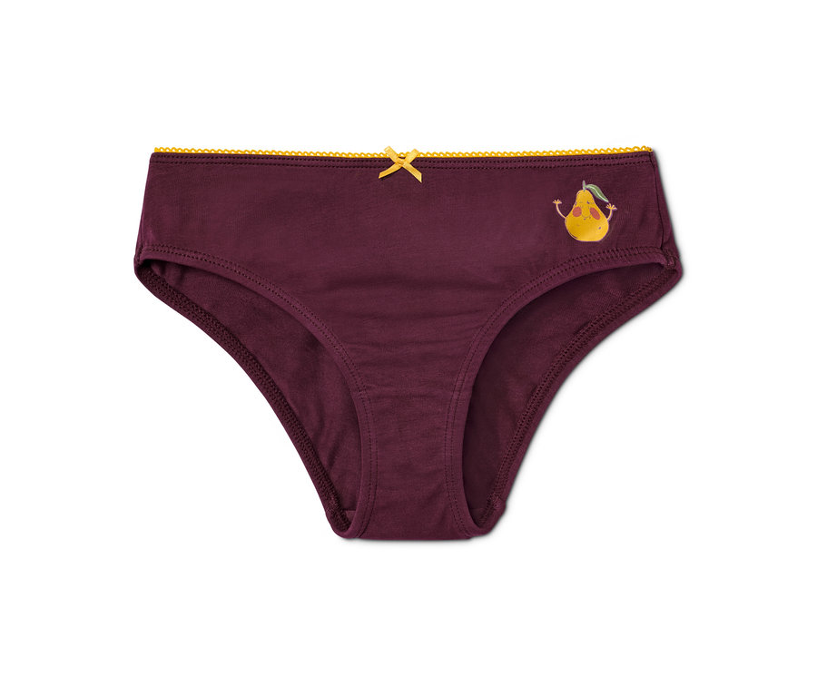 Vínové kalhotky s žlutým lemem, mašlí a potiskem hrušky. "Kalhotky, 3 ks"
