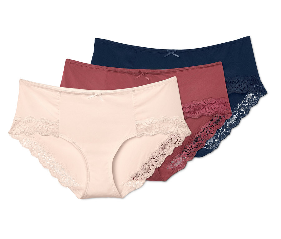 Tři kalhotky: krémové, bordó a tmavě modré.