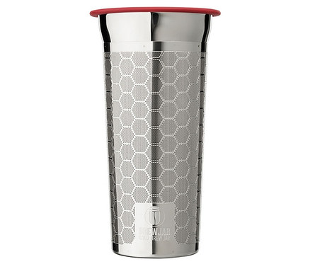 Nerezová sklenice pro přípravu cold brew »BrewJar« s červeným víčkem.