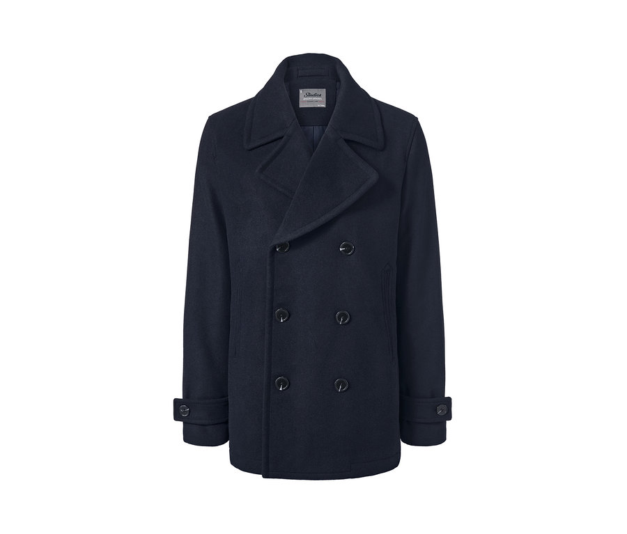 Tmavě modrá kabanová bunda s dvouřadým zapínáním.