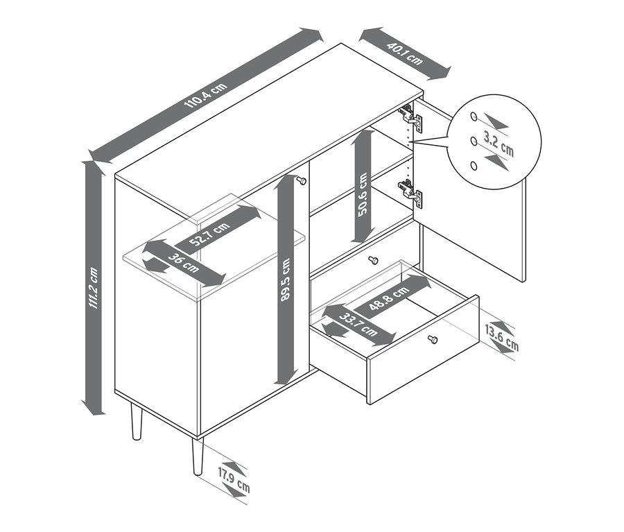 Rozměry vysoké skříňky Bekeson, bílé a antracitové, s otevřenými dveřmi a zásuvkou.