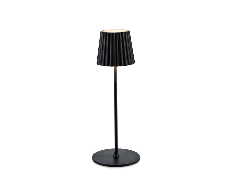 Černá akumulátorová stolní LED lampa.