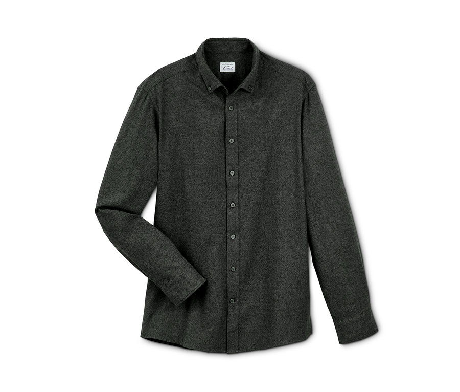 Tmavě šedá flanelová košile s dlouhými rukávy a knoflíky.