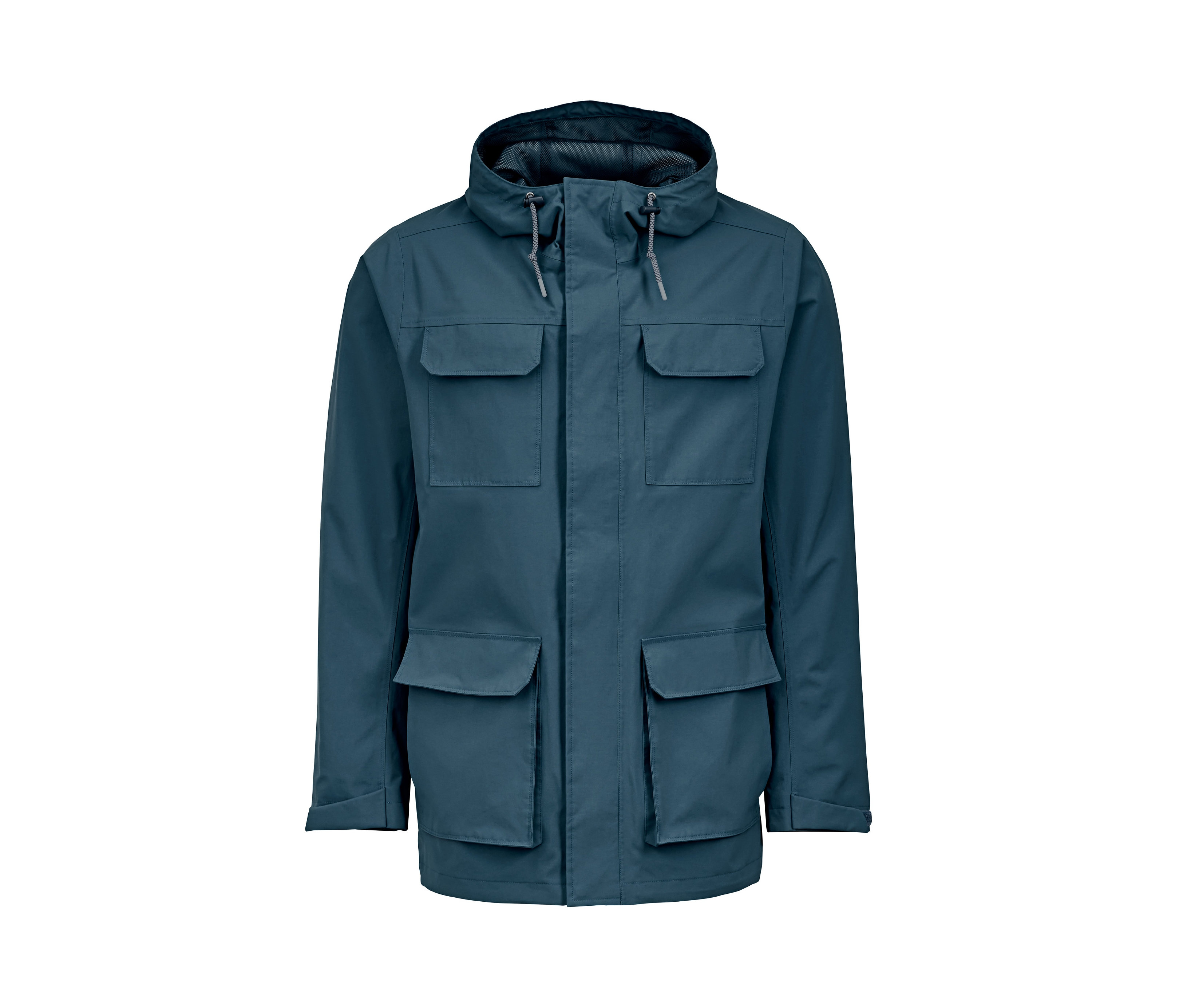 Modrá funkční parka s kapucí a čtyřmi kapsami.