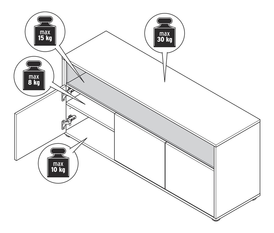 Nákres odkládací skříňky s detaily v dubovém dekoru s otevřenými dvířky.