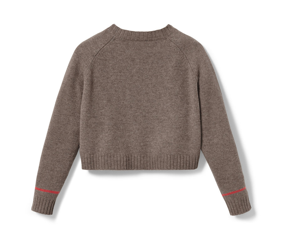 Hnědý pletený svetr.