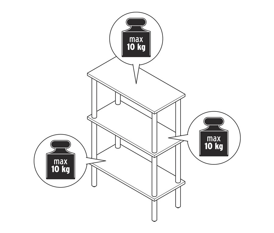 Nákres stojacího regálu. Maximální zatížení 10 kg na polici.