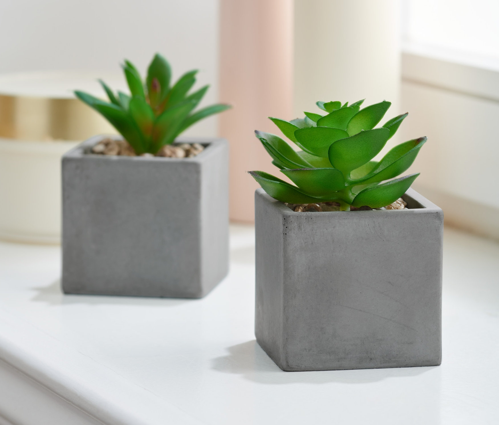 Dvě miniaturní umělé rostliny v květináčcích stojí na bílém povrchu.