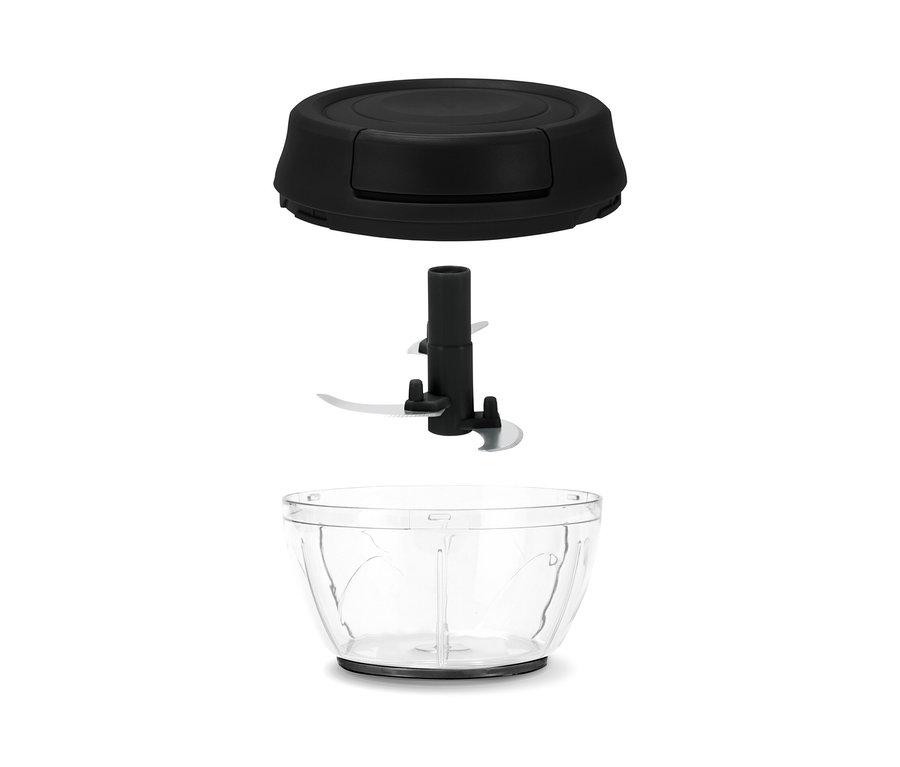 Rozložený ruční multifunkční sekáček se skládá z průhledné misky, čepele a černého víka.