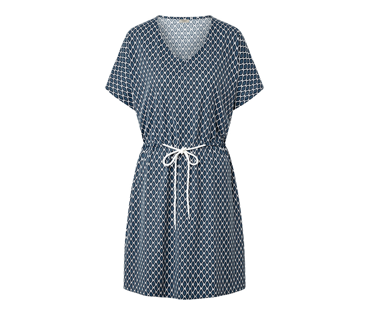 Modrá plážová tunika s bílým geometrickým vzorem a zavazováním v pase.