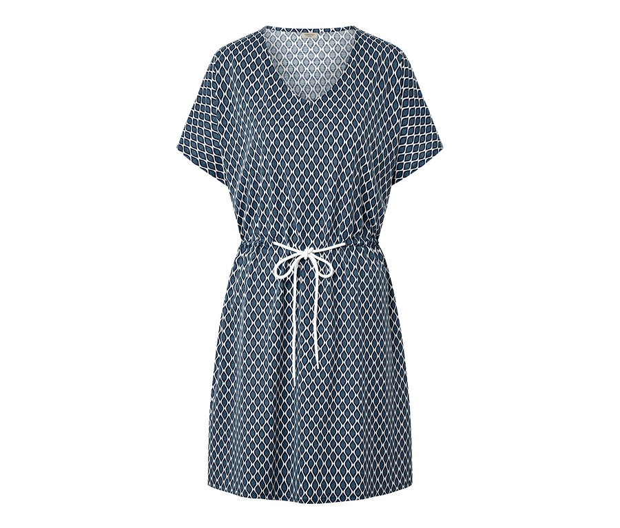Modrá plážová tunika s bílým geometrickým vzorem a zavazováním v pase.