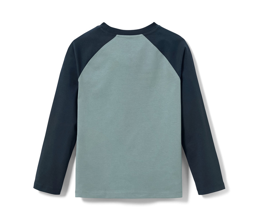 Dětské tričko s dlouhým rukávem, modré rukávy a šedá přední strana.