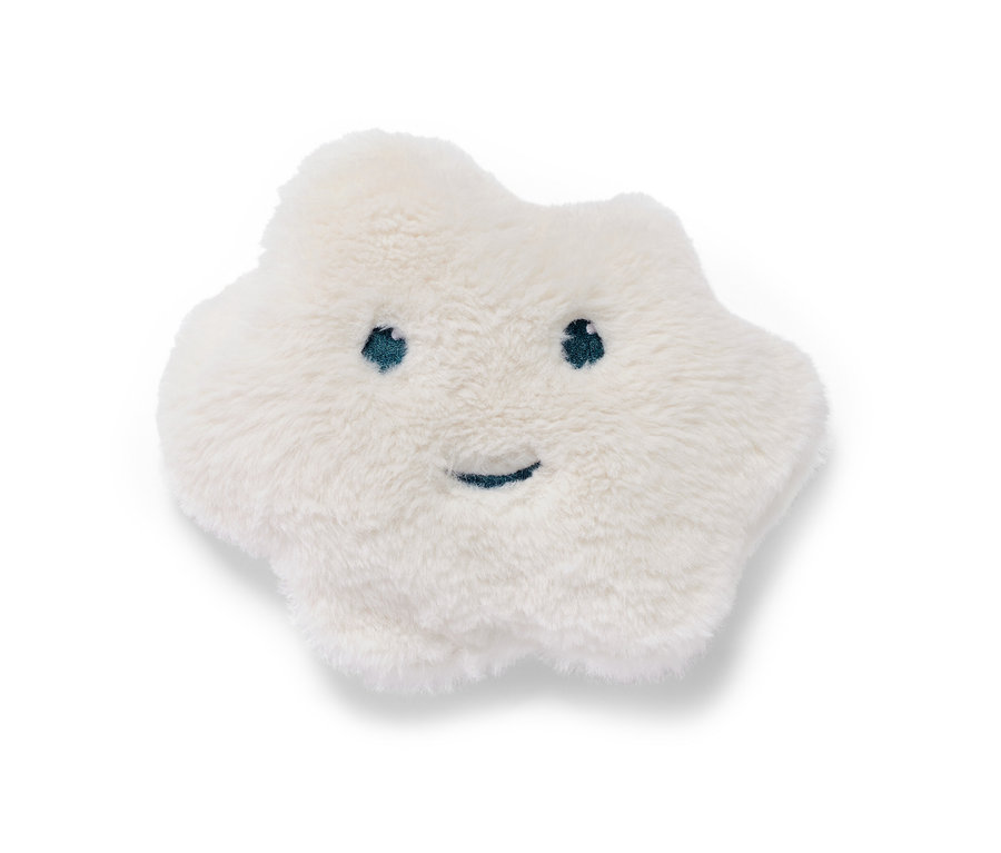 Bílý nahřívací polštářek s třešňovými peckami ve tvaru hvězdy s vyšitýma očima a úsměvem.