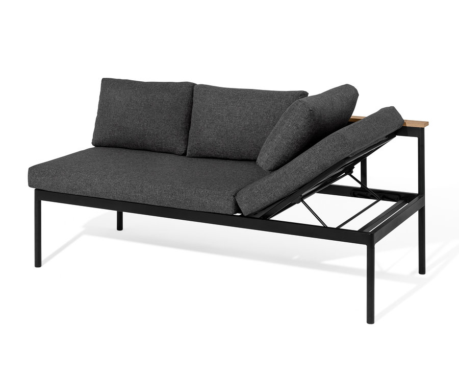 Jídelní lavice a lehátko »Elin« 2 v 1 s černým rámem a šedými polštáři.