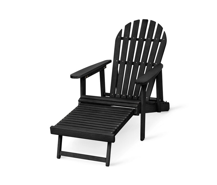 Černé zahradní křeslo Adirondack s výsuvnou podnožkou.
