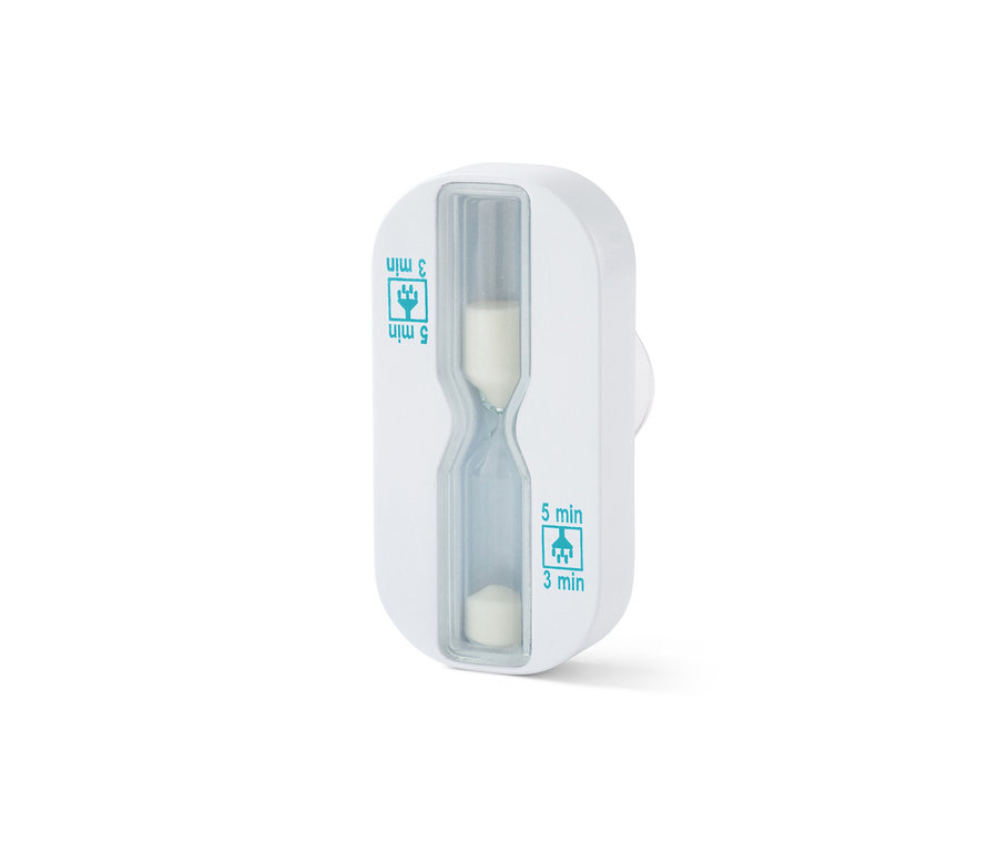 Bílé přesýpací hodiny do sprchy s bílým pískem uvnitř.